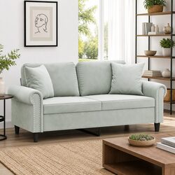 2-Seater Sofa Grey Velvet Modern Living Room Furniture with Throw Pillows 140cm