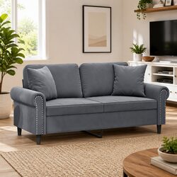 2-Seater Lounge Sofa Modern Grey Velvet Living Room Furniture with Throw Pillows