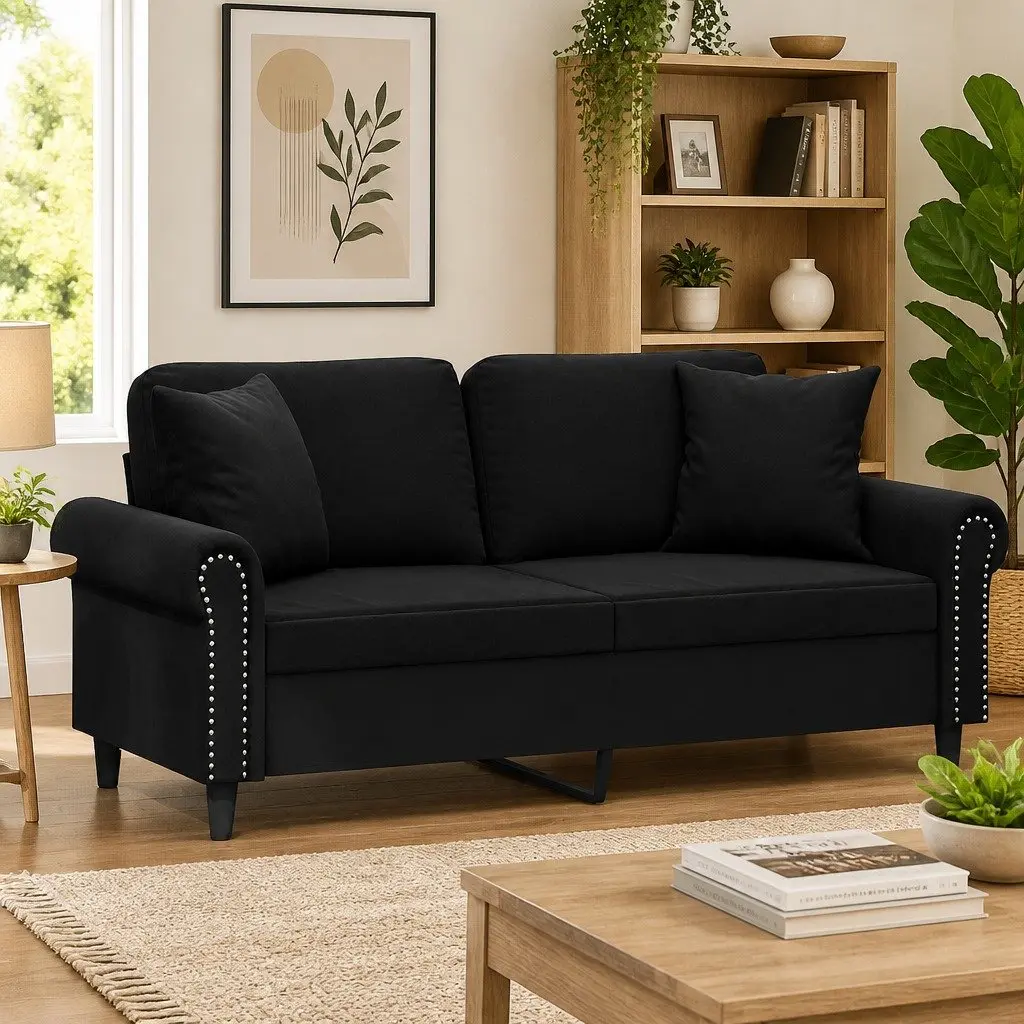 2-Seater Sofa Modern Velvet Black 140cm Couch with Throw Pillows
