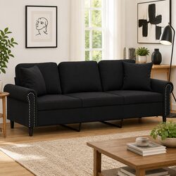 3-Seater Sofa Black 180cm Modern Lounge Velvet Couch with Throw Pillows