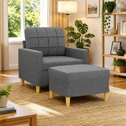 Grey Fabric Sofa Chair with Footstool Armchair Lounge Seat Living Room Furniture