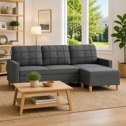 3-Seater Sofa with Footstool Grey 180cm Living Room Fabric Lounge Seat