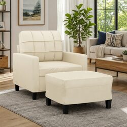 Sofa Chair with Footstool Cream Faux Leather Armchair Lounge Seat Relaxing