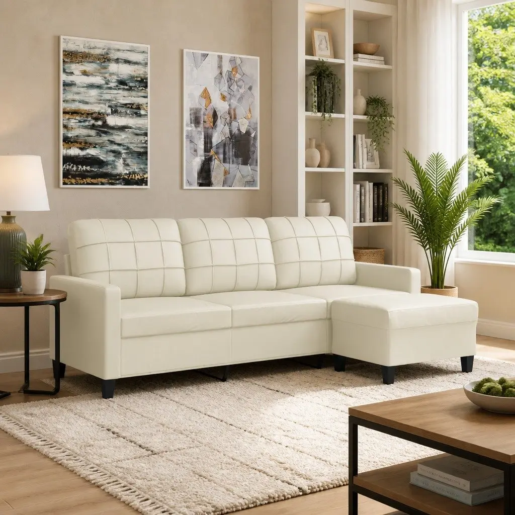 3-Seater Sofa Faux Leather Cream 180cm with Footstool