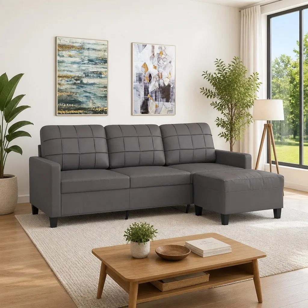 3-Seater Sofa with Footstool Grey 180 cm Faux Leather
