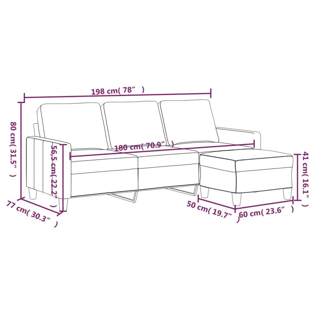 3-Seater Sofa with Footstool Cream 180cm Living Room Lounge Couch Furniture