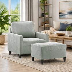 Grey Velvet Sofa Chair with Footstool Modern Living Room Armchair Compact 60cm