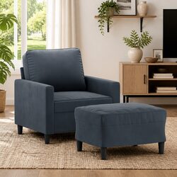 Grey Velvet Sofa Chair with Footstool Compact Armchair Living Room Furniture