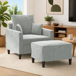 Sofa Chair with Footstool Grey Velvet Armchair Relaxing Lounge Seat Home