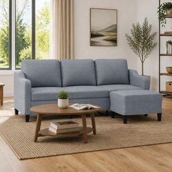 3-Seater Sofa with Footstool Grey Fabric Living Room Lounge Suite 180cm