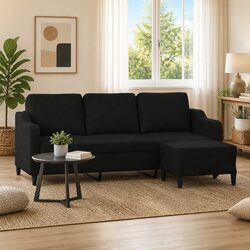 3-Seater Sofa with Footstool Black 180cm Living Room Furniture Fabric Lounge