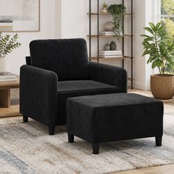 Black Velvet Sofa Chair with Footstool Compact Armchair Lounge Seat 60cm