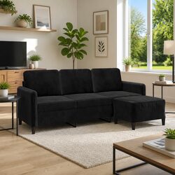 3-Seater Sofa with Footstool Black 180cm Living Room Furniture Lounge Settee