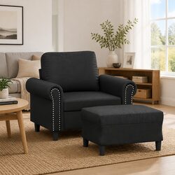 Sofa Chair with Footstool Black Faux Leather Compact Lounge Seat Armchair