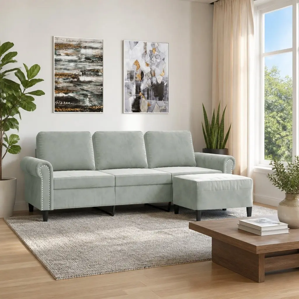 3-Seater Sofa Grey Velvet with Footstool 180cm