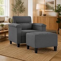 Sofa Chair with Footstool Grey Microfibre Fabric Armchair Lounge Seat Relaxing