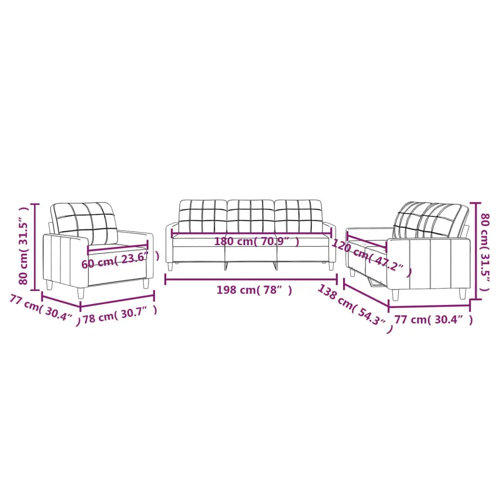 3 Piece Sofa Set Black Fabric Modern Living Room Furniture Couch with Cushions