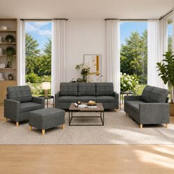 4 Piece Sofa Set Grey Fabric with Cushions Footstool Living Room Furniture
