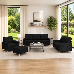 4 Piece Sofa Set with Cushions Black Fabric Living Room Lounge Suite Footstool