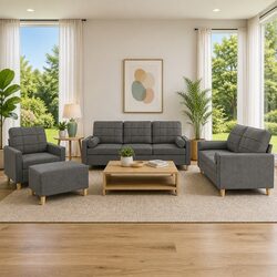 4 Piece Sofa Set Grey Fabric Lounge with Pillows Footstool Living Room Furniture