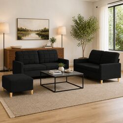 3 Piece Sofa Set with Footstool Black Fabric Living Room Lounge Suite Seating