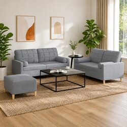 3 Piece Sofa Set with Footstool and Pillows Grey Fabric Living Room Lounge Suite