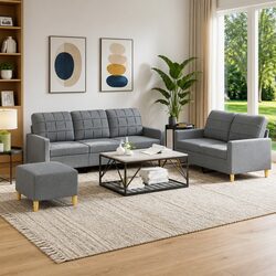 3 Piece Sofa Set Grey Fabric Lounge Suite Armchair Footstool Living Room