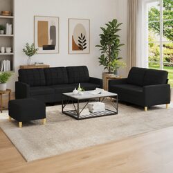 3 Piece Sofa Set with Cushions Black Fabric Lounge Suite Footstool Living Room