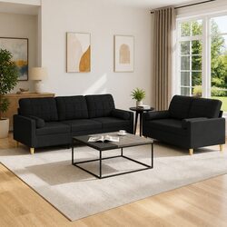 2 Piece Sofa Set Black Fabric Living Room Couch with Pillows Seating Suite