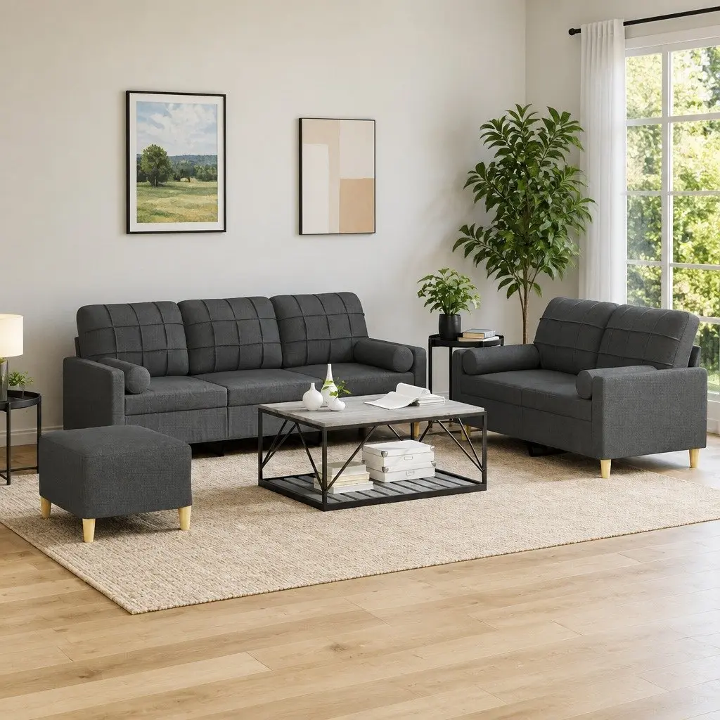 3 Piece Sofa Set Grey Fabric Lounge with Pillows Footstool