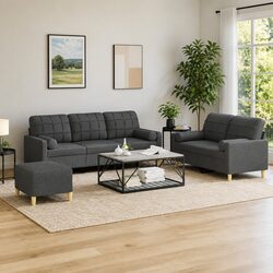 3 Piece Sofa Set Grey Fabric Lounge with Pillows Footstool Living Room Furniture