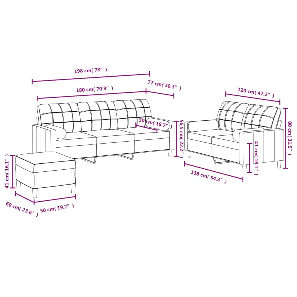 3 Piece Sofa Set Grey Fabric Lounge with Pillows Footstool