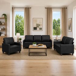 3 Piece Sofa Set Black Faux Leather Living Room Furniture Seating with Cushions