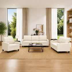 3 Piece Sofa Set Living Room Furniture Cream Faux Leather Couch Cushions Modern