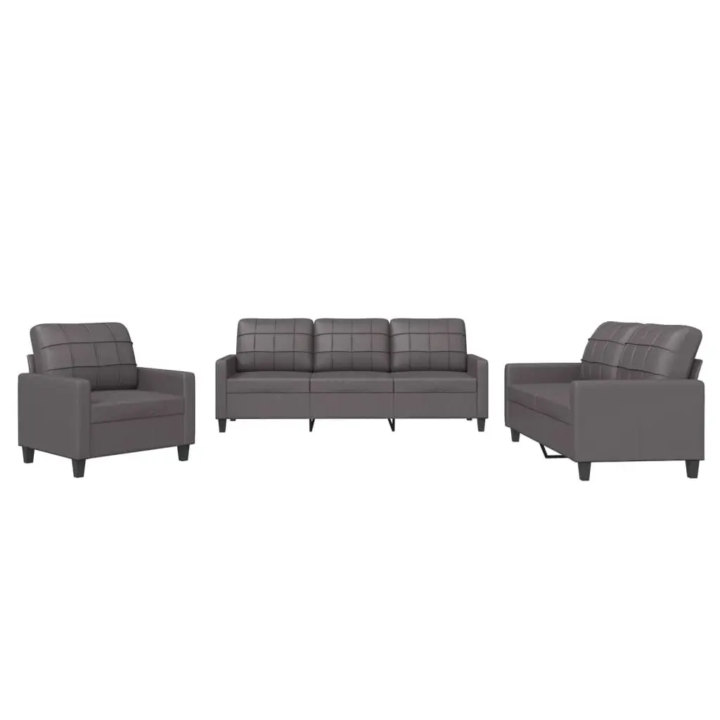 3 Piece Sofa Set Modern Durable Faux Leather Grey Living Room Furniture
