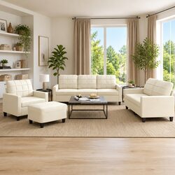 4 Piece Sofa Set with Cushions Cream Faux Leather Living Room Furniture