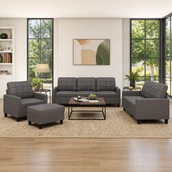 4 Piece Sofa Set Grey Faux Leather Lounge Furniture with Footstool Cushions