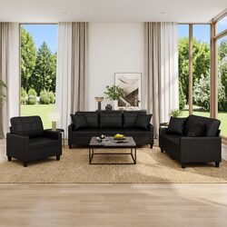 Black Faux Leather Sofa Set 3 Piece Living Room Furniture with Throw Pillows