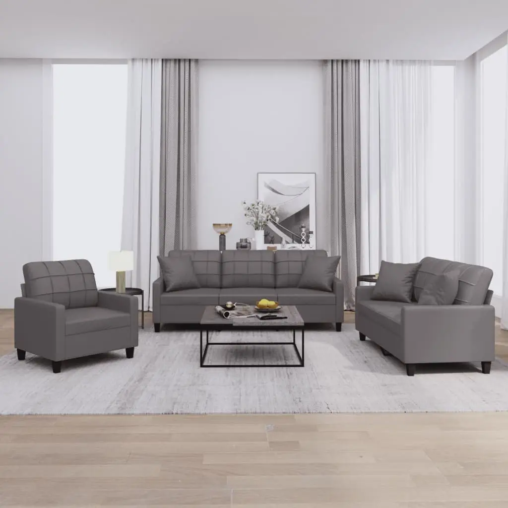 3 Piece Sofa Set Grey Faux Leather Couch with Throw Pillows