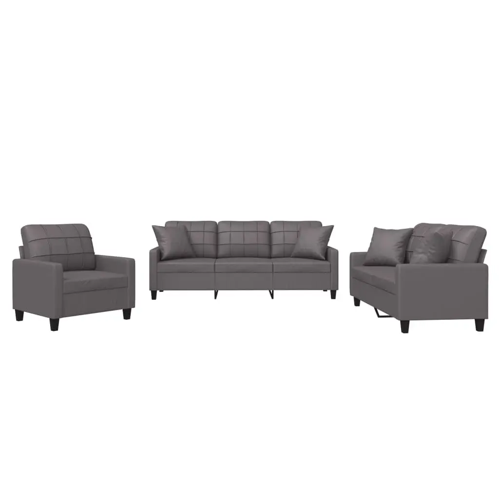 3 Piece Sofa Set Grey Faux Leather Couch with Throw Pillows
