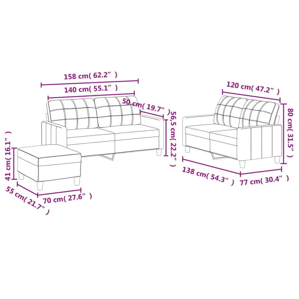 3 Piece Sofa Set Faux Leather Brown Lounge Couch with Footstool