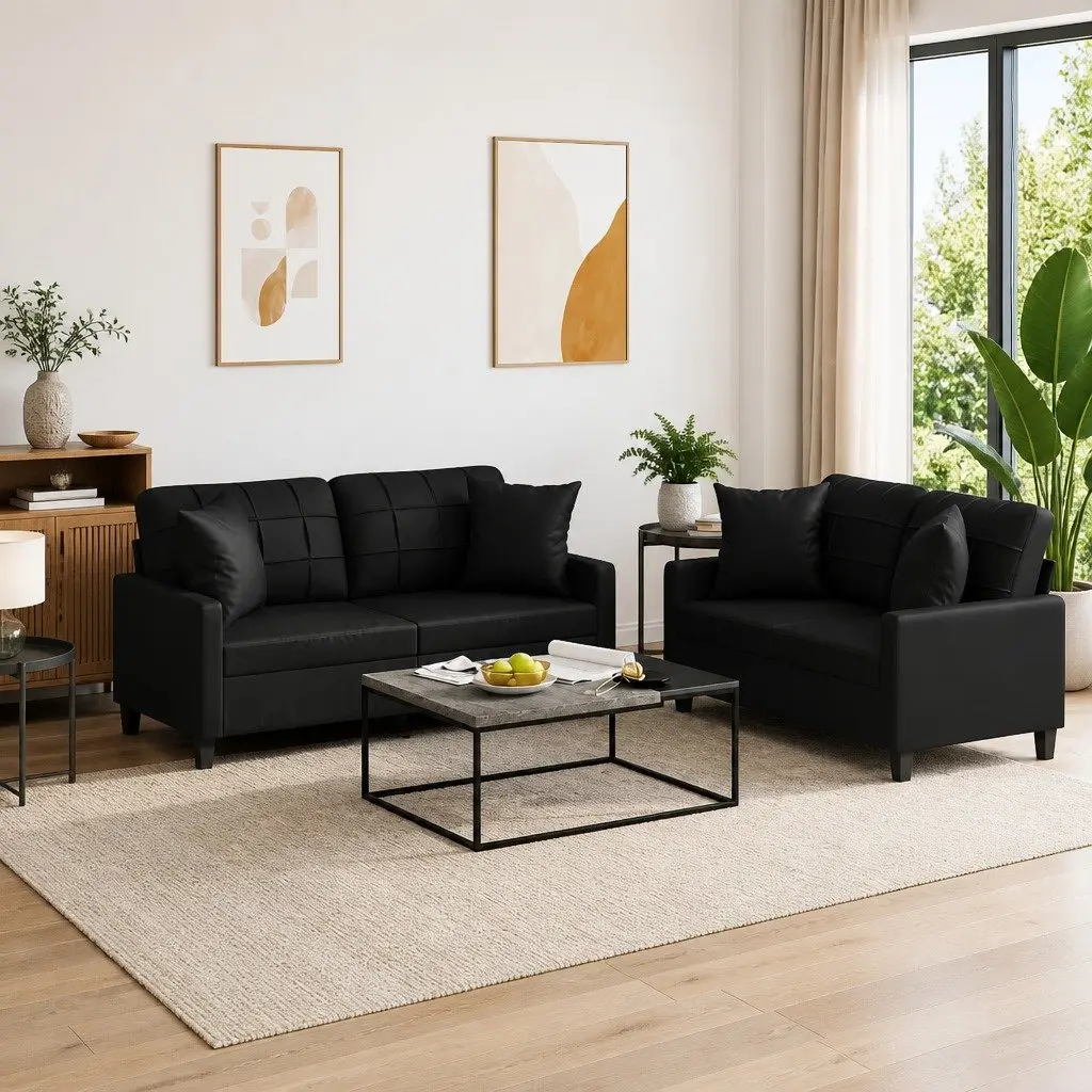 2 Piece Sofa Set Black Faux Leather Lounge Couch with Throw Pillows