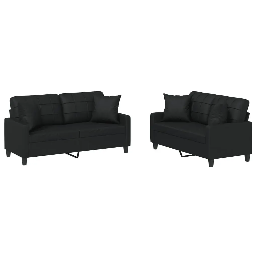 2 Piece Sofa Set Black Faux Leather Lounge Couch with Throw Pillows