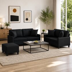 3 Piece Sofa Set Black Faux Leather Couch with Throw Pillows and Footstool