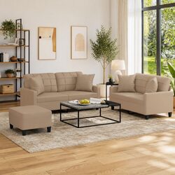 3 Piece Sofa Set with Throw Pillows Footstool Brown Faux Leather Living Room