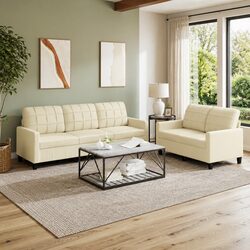 2 Piece Sofa Set with Cushions Modern Living Room Seating Faux Leather Cream