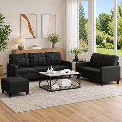 3 Piece Sofa Set with Footstool Cushions Black Faux Leather Living Room