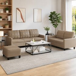 3 Piece Sofa Set with Footstool Cushions Brown Faux Leather Living Room