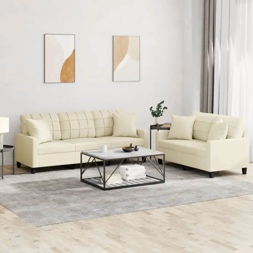 2 Piece Sofa Set Faux Leather Cream Lounge Suite with Throw Pillows