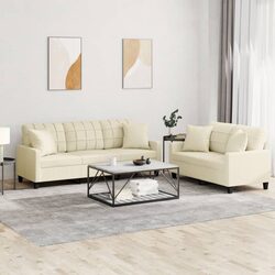 2 Piece Sofa Set with Throw Pillows Cream Faux Leather Lounge Suite Couch